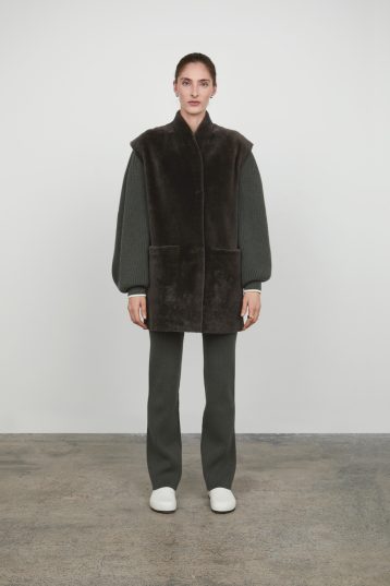 storm grey Mid Length Boxy Shearling Gilet gushlow and cole womens shearling model front