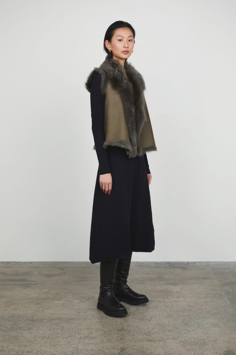 storm grey Natural Cut Shearling Gilet gushlow and cole womens shearling model front wool in