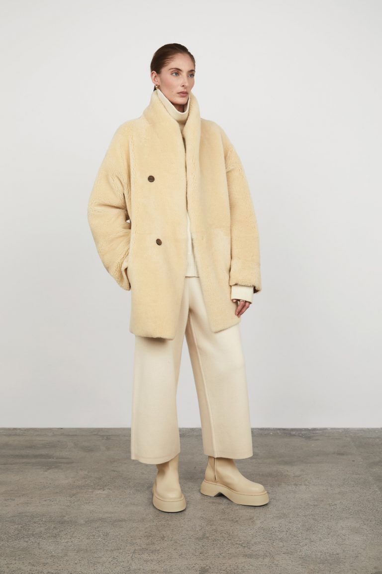 tan and white shawl shearling coat gushlow and cole - model full length wool out