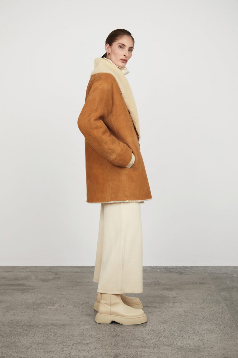 tan and white shawl shearling coat gushlow and cole - model full length side