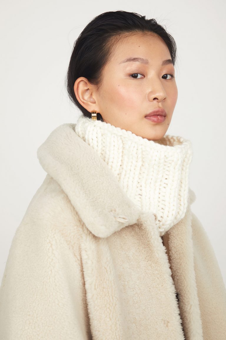 white Cable Knit Snood gushlow and cole womens shearling model crop with coat
