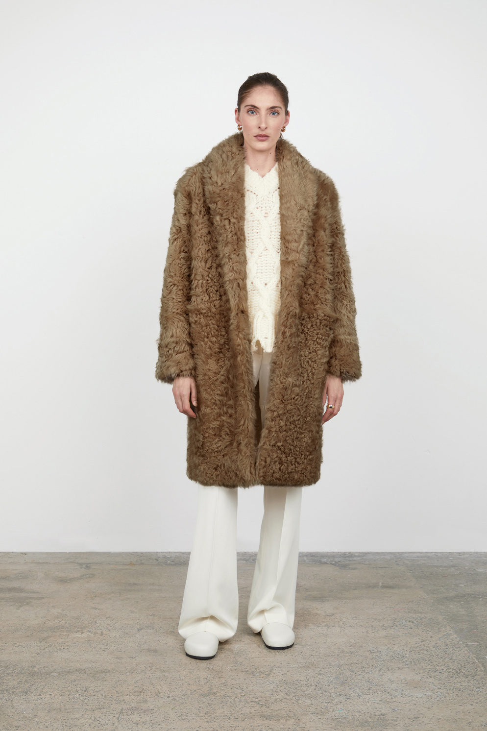 Camel Curly Shearling Coat gushlow and cole womens shearling model full length front