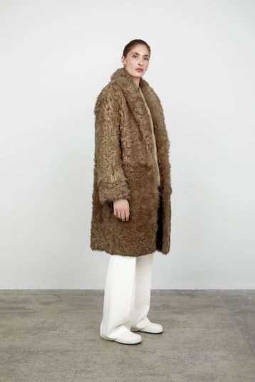 Camel Curly Shearling Coat gushlow and cole womens shearling model full length side