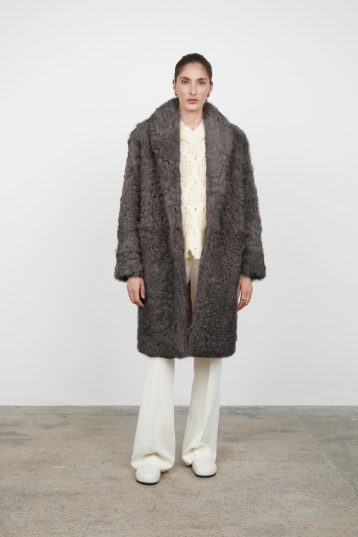 Storm Grey Curly Shearling Coat gushlow and cole womens shearling model full length front