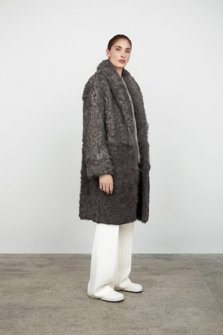Storm Grey Curly Shearling Coat gushlow and cole womens shearling model full length side