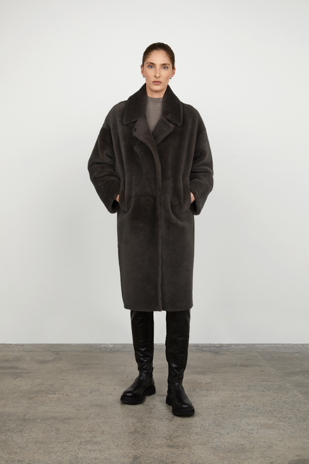 Grey Notch Collar Shearling Coat | Women | Gushlow & Cole