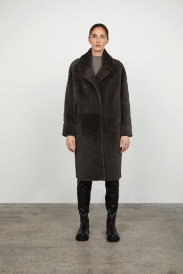 Storm Grey Notch Collar Shearling Coat gushlow and cole womens shearling model full length front