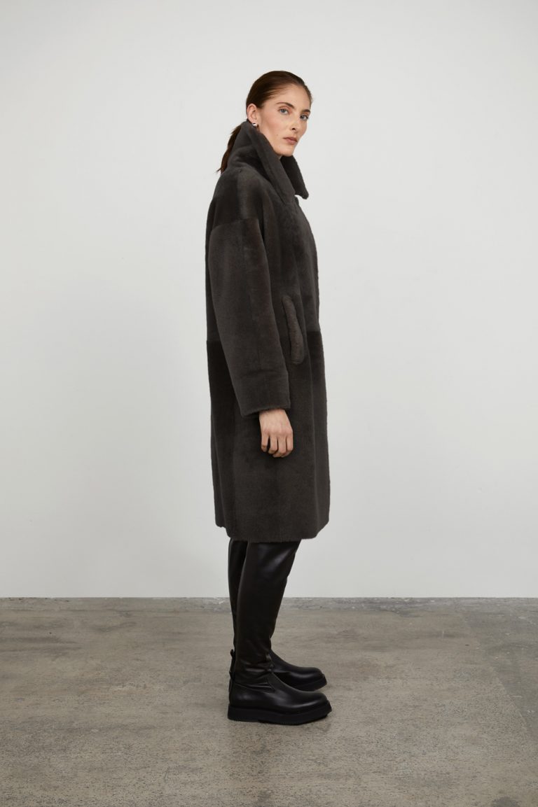 Storm Grey Notch Collar Shearling Coat gushlow and cole womens shearling model full length side