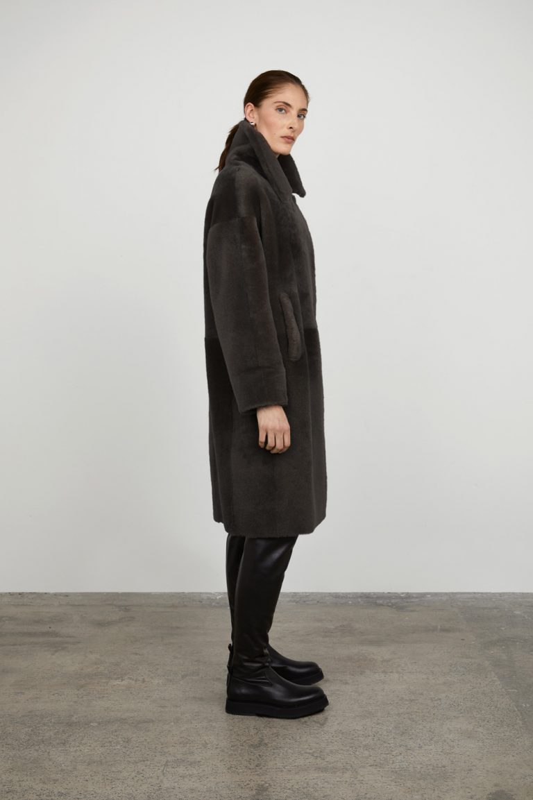 Grey Notch Collar Shearling Coat | Women | Gushlow & Cole