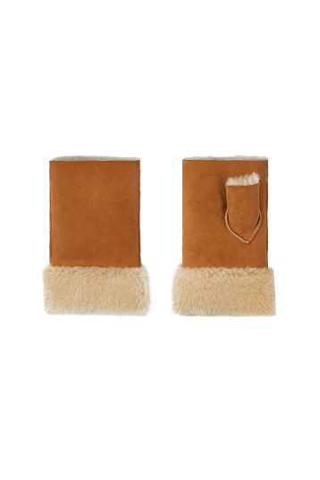 Tan and white cuffed Mini Shearling Mittens gushlow and cole womens cut out