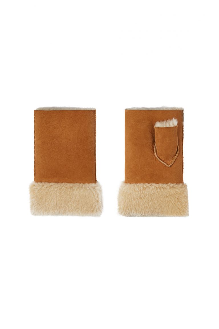 Tan and white cuffed Mini Shearling Mittens gushlow and cole womens cut out