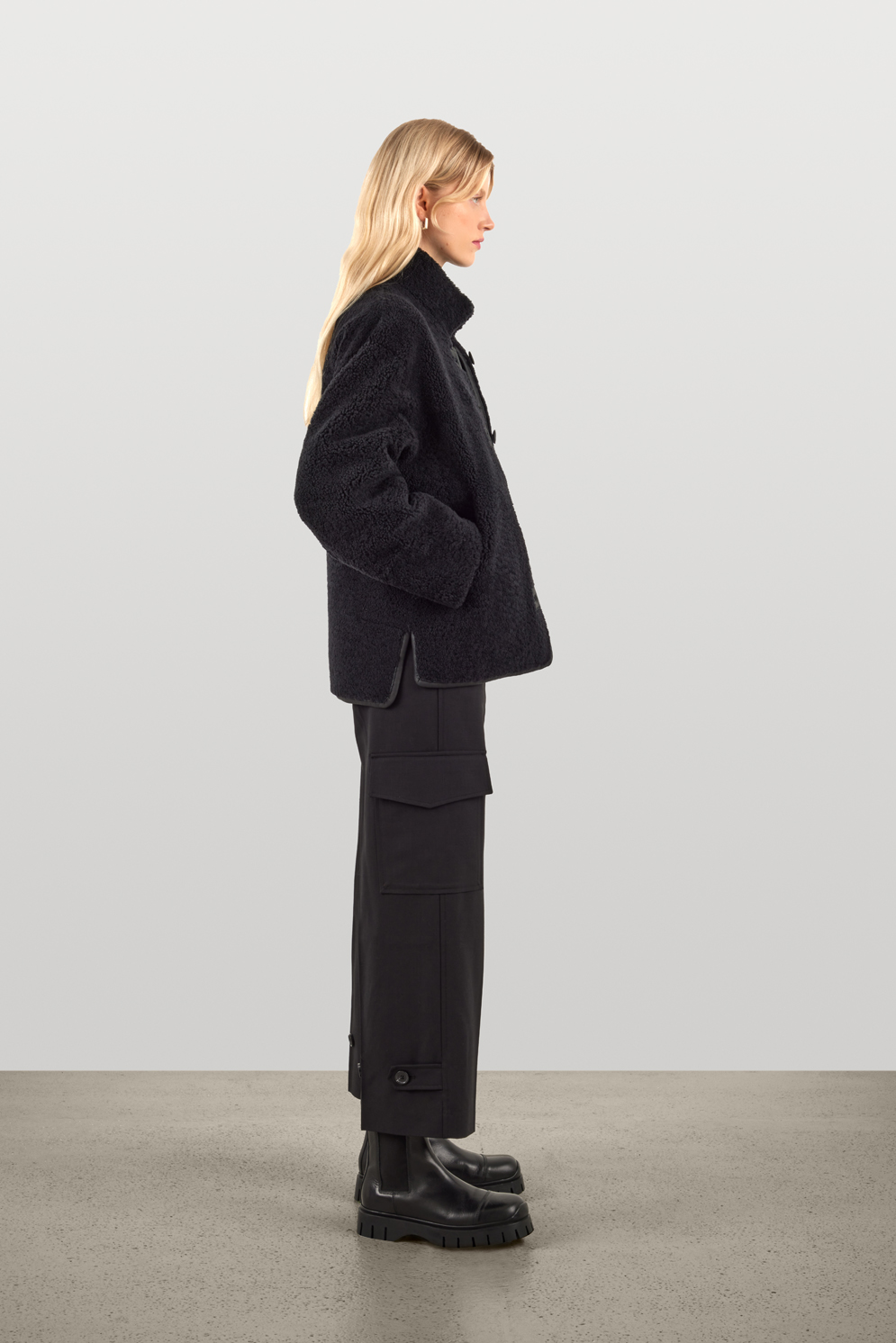 Black Boxy Shearling Jacket | Womens Luxury Shearling | Gushlow & Cole | model side