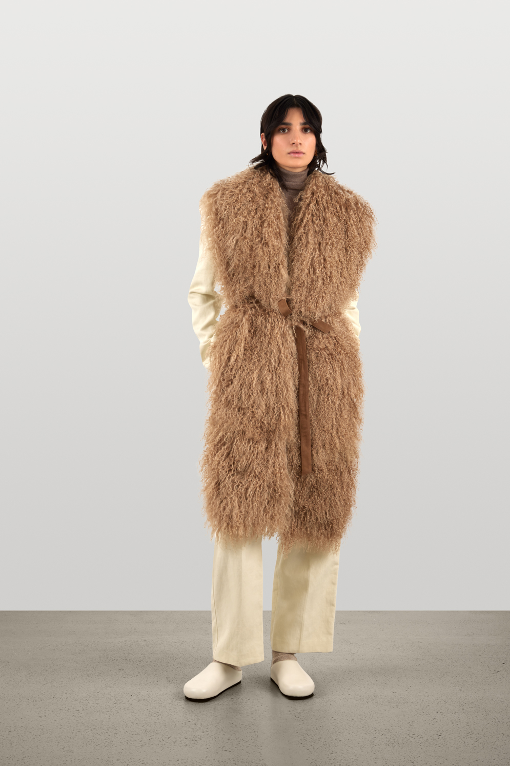 Camel Mongolian Shearling Scarf | Womens Luxury Shearling | Gushlow & Cole | model front