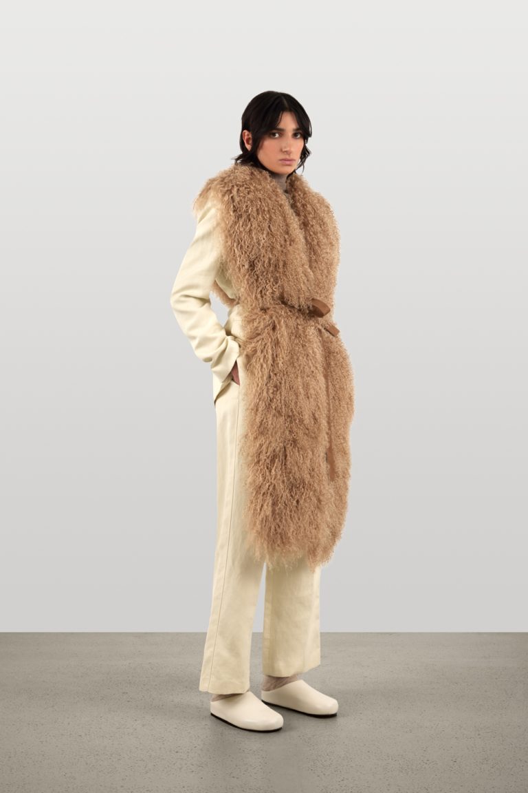 Camel Mongolian Shearling Scarf | Womens Luxury Shearling | Gushlow & Cole | model side