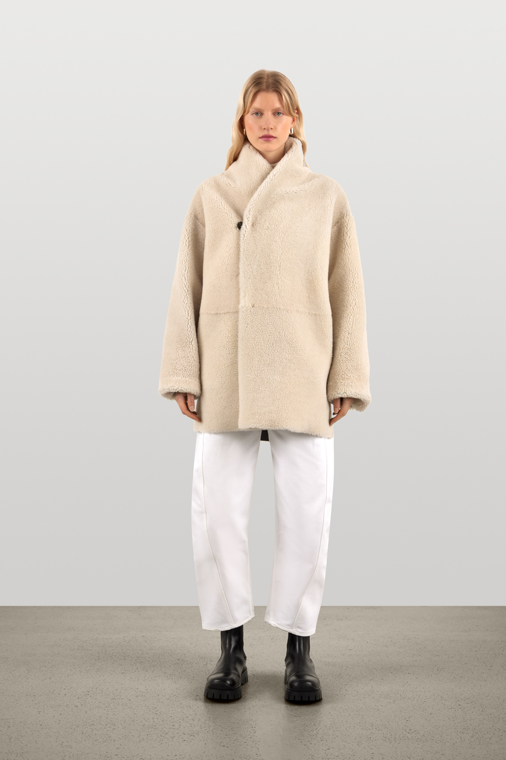 Grey & White Boxy Shearling Coat | Womens Luxury Shearling | Gushlow & Cole | model front reversed