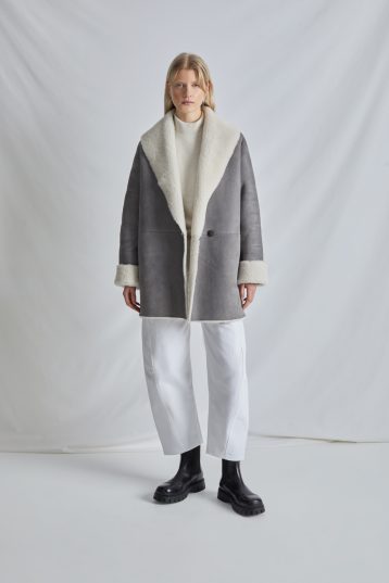 Grey & White Boxy Shearling Coat | Womens Luxury Shearling | Gushlow & Cole | model front