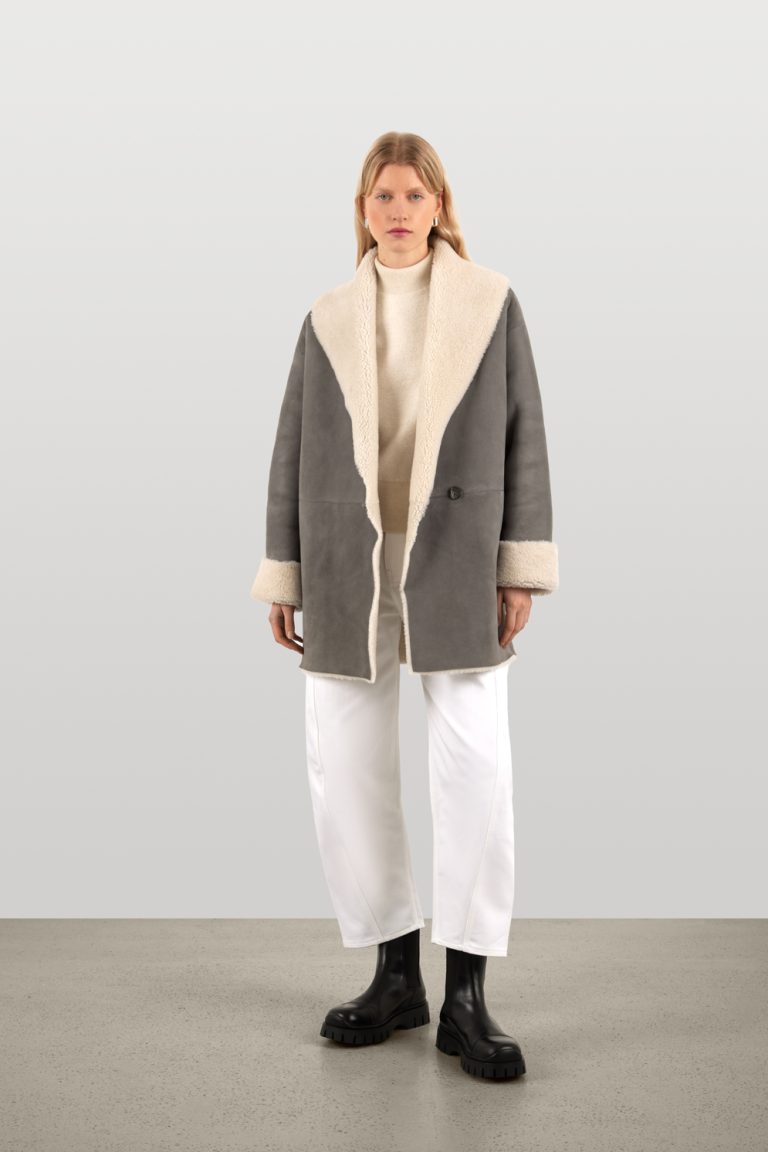 Grey & White Boxy Shearling Coat | Womens Luxury Shearling | Gushlow & Cole | model front coat open
