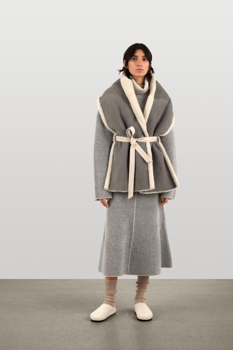 Grey & White Large Merino Belt Scarf | Womens Luxury Shearling | Gushlow & Cole | model front belted