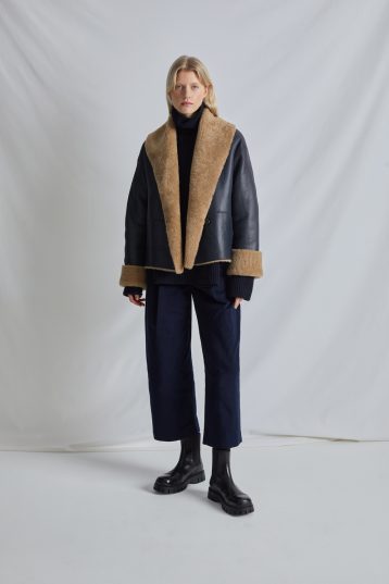Navy Boxy Shawl Shearling Jacket | Womens Luxury Shearling | Gushlow & Cole | model front