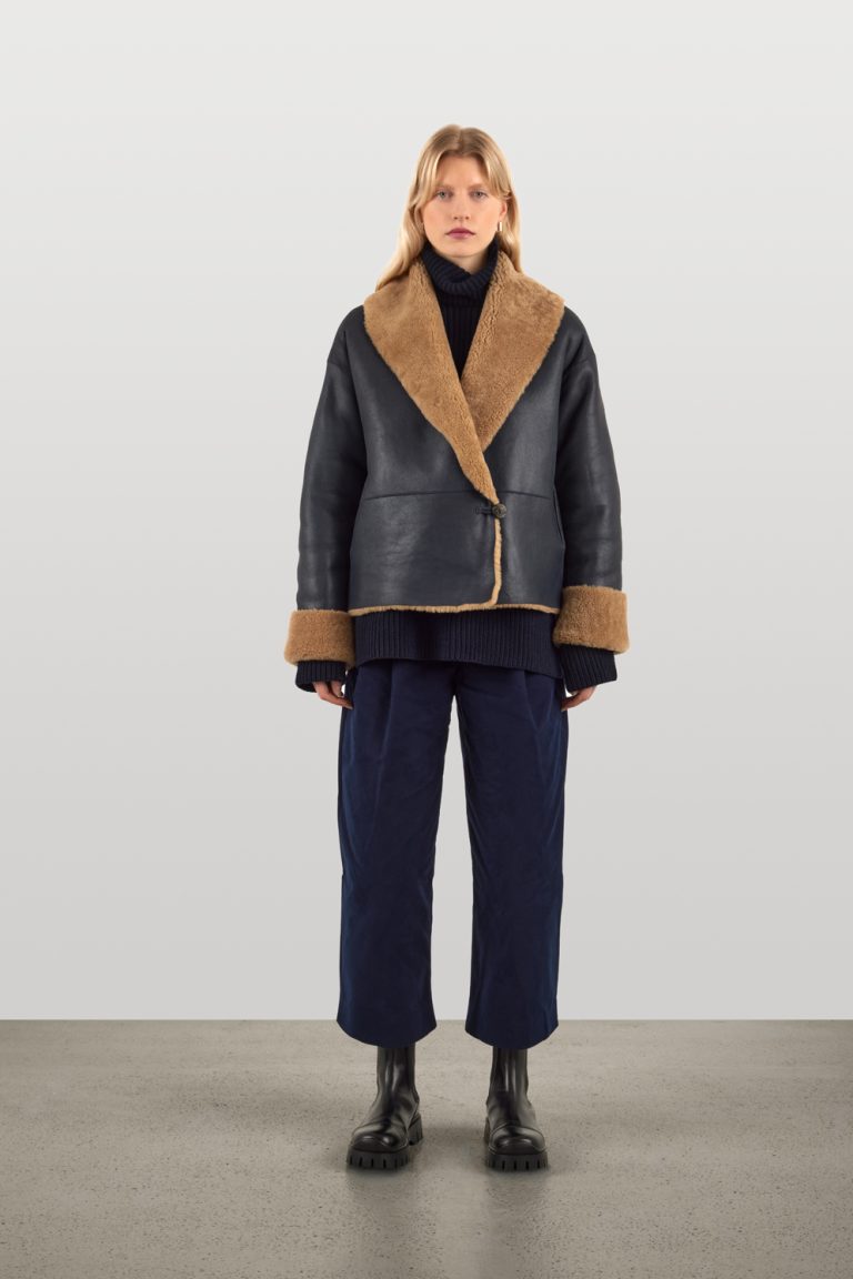 Navy Boxy Shawl Shearling Jacket | Womens Luxury Shearling | Gushlow & Cole | model jacket done up