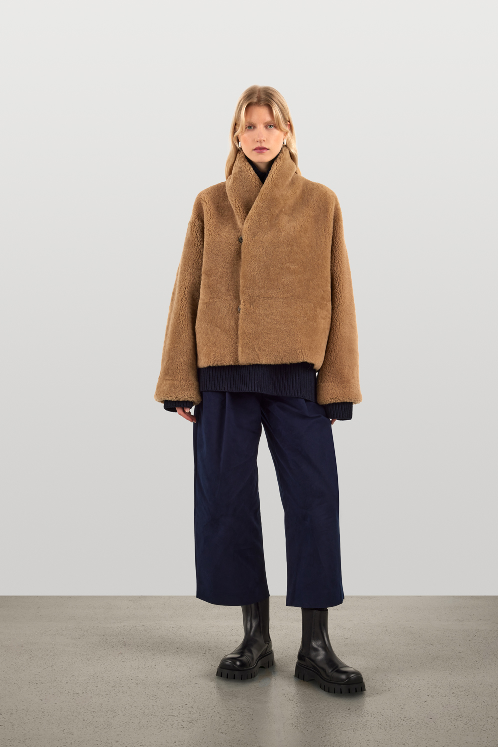 Navy Boxy Shawl Shearling Jacket | Womens Luxury Shearling | Gushlow & Cole | model front reversed