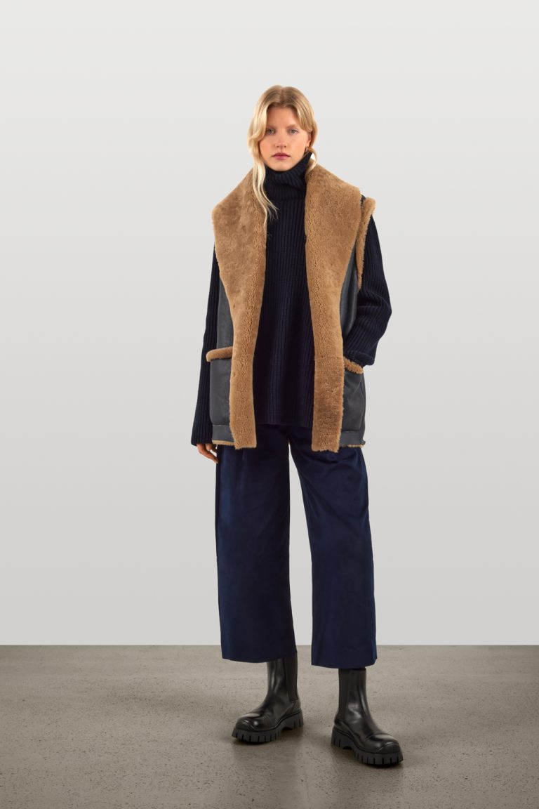 Navy Patch Pocket Shearling Gilet | Womens Luxury Shearling | Gushlow & Cole | model gilet un done up