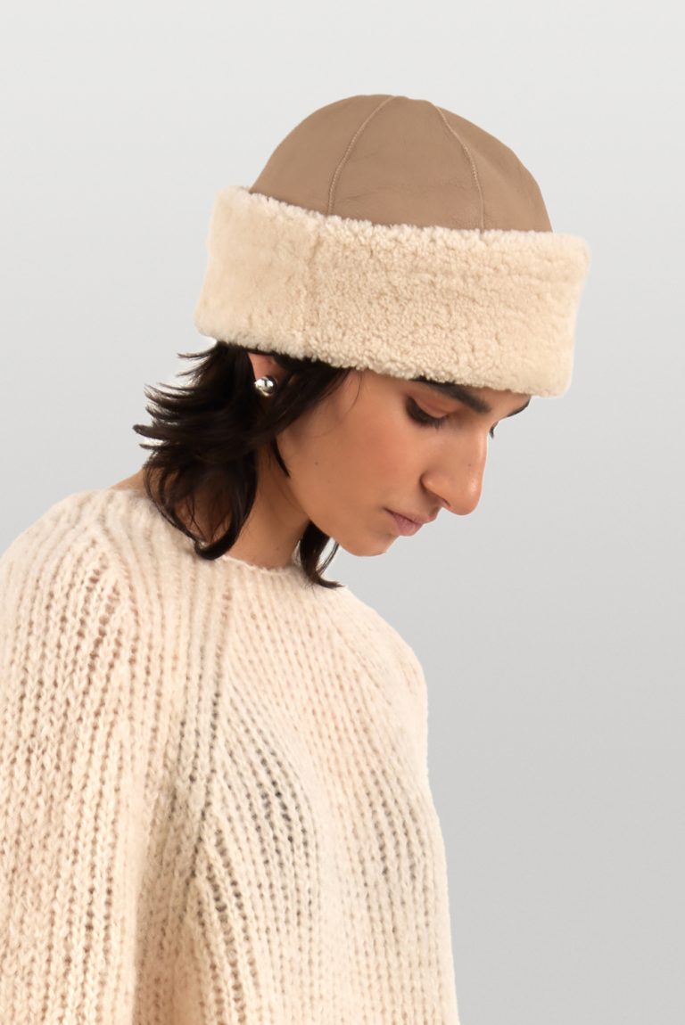 Stone White Chiswick Shearling Hat | Womens Luxury Shearling | Gushlow & Cole | model side