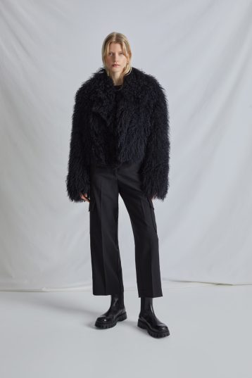 Black Mongolian Jacket | Womens Luxury Shearling | gushlow & cole - model front on full length