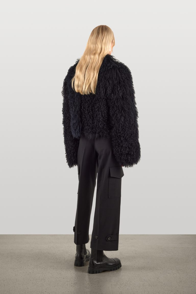 Black Mongolian Jacket | Womens Luxury Shearling | gushlow & cole - model back on full length