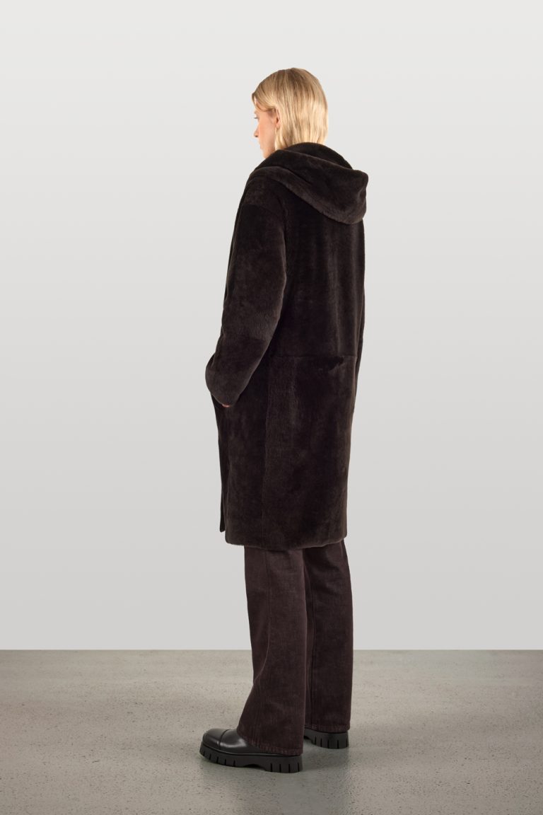 Brown Hooded Shearling Coat | Womens Luxury Shearling | gushlow & cole - model full length side