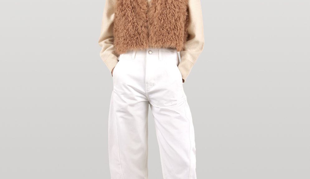 Camel Cropped Shearling Gilet | Womens luxury shearling | Gushlow & Cole - model full length