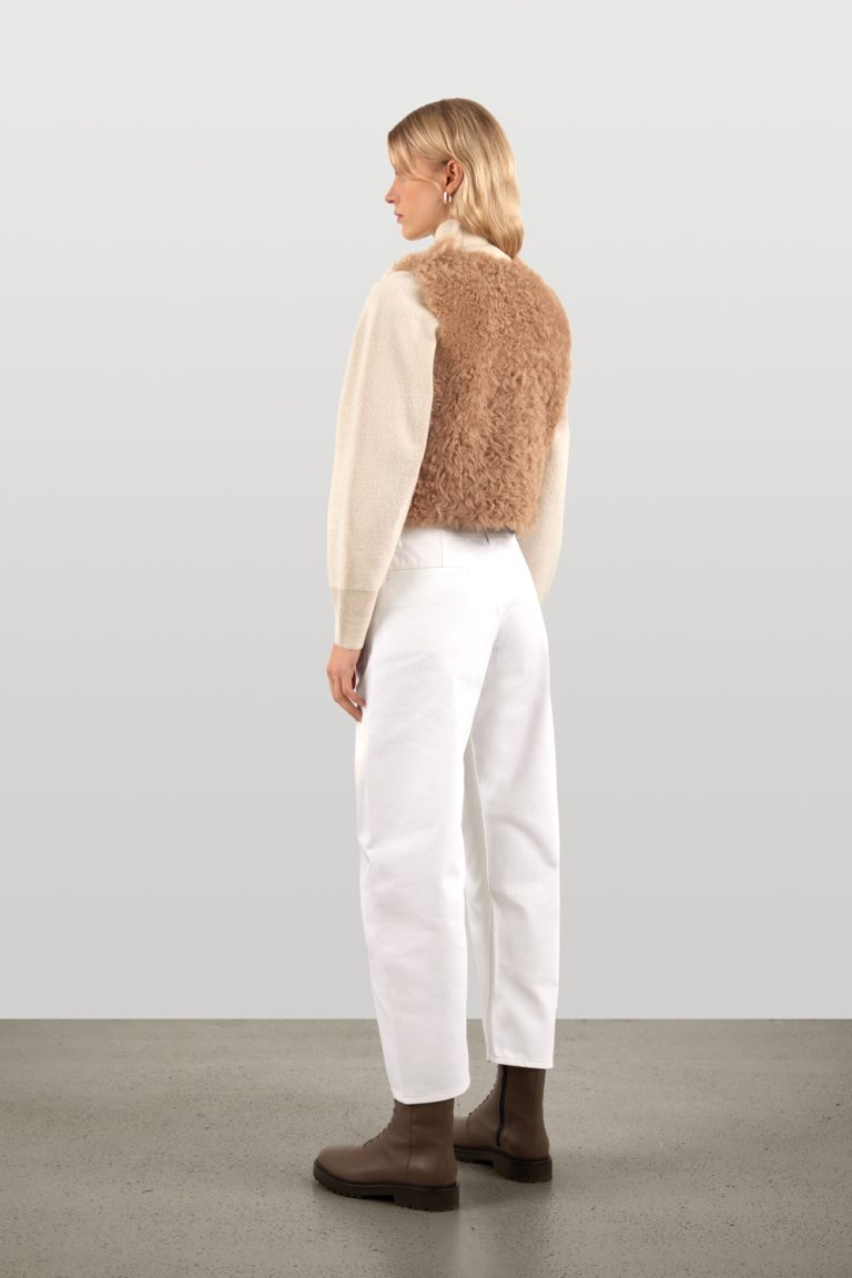 Camel Cropped Shearling Gilet | Womens luxury shearling | Gushlow & Cole - model full length back