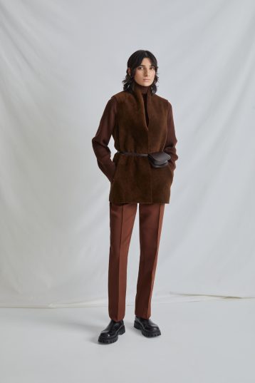 Chestnut Brown Short Shearling Gilet | Womens Luxury Shearling | Gushlow & Cole | model full length front with belt on cloth