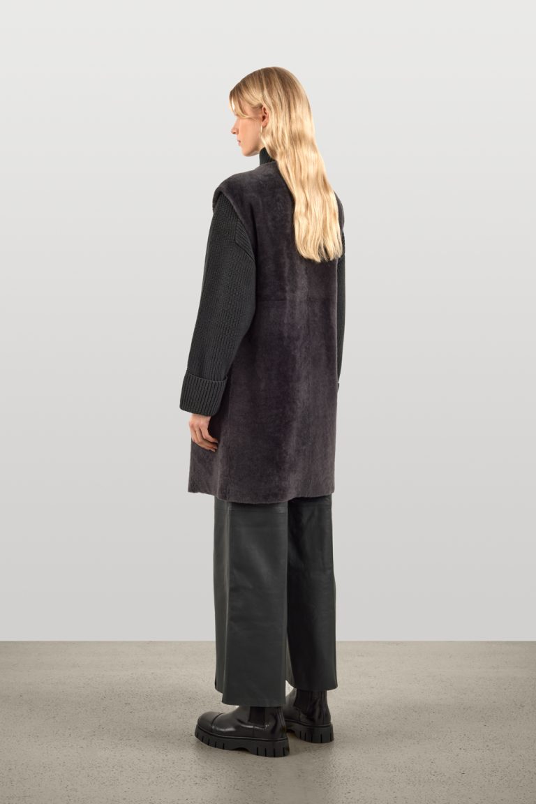 Grey Belted Shearling Gilet | Womens Luxury Shearling | Gushlow & Cole | model full length back