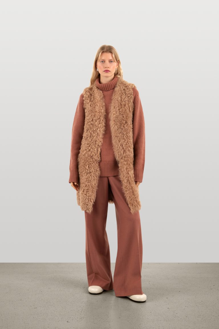 Long Belted V Neck Shearling Gilet | Womens luxury shearling | Gushlow & Cole - full length model front