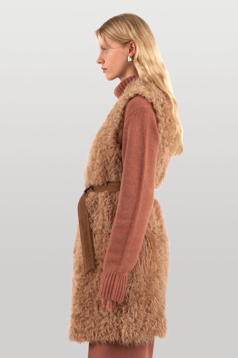 Long Belted V Neck Shearling Gilet | Womens luxury shearling | Gushlow & Cole - side model gilet belted