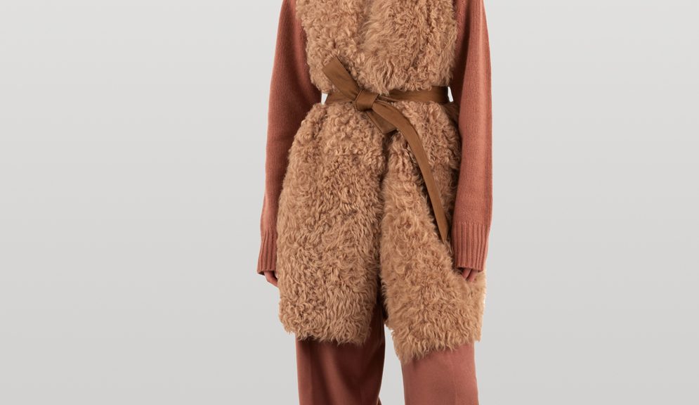 Long Belted V Neck Shearling Gilet | Womens luxury shearling | Gushlow & Cole - full length model gilet belted
