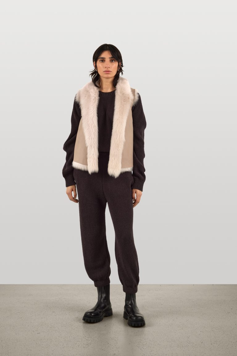 Oyster White Natural Cut Shearling Gilet - women | gushlow and cole - model full length front gilet reversed