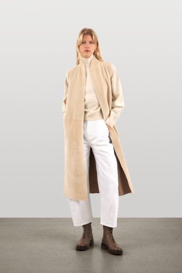 Stone White Longline Shearling Gilet | Womens Luxury Shearling | Gushlow & Cole | model full length front