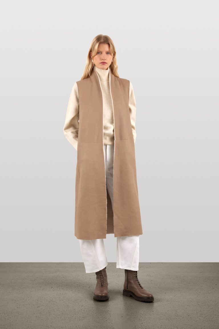 Stone White Longline Shearling Gilet | Womens Luxury Shearling | Gushlow & Cole | model full length front reversed