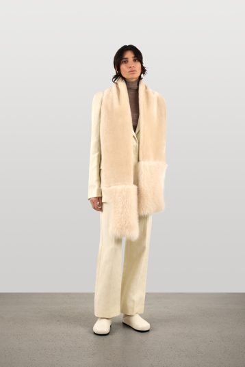 Stone White Mixed Textured Shearling Scarf | Womens Luxury Shearling | Gushlow & Cole | model full length