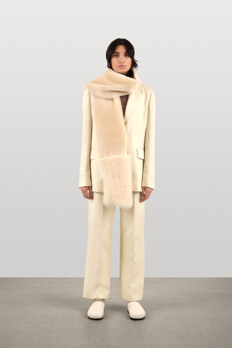 Stone White Mixed Textured Shearling Scarf | Womens Luxury Shearling | Gushlow & Cole | model full length scarf over shoulder