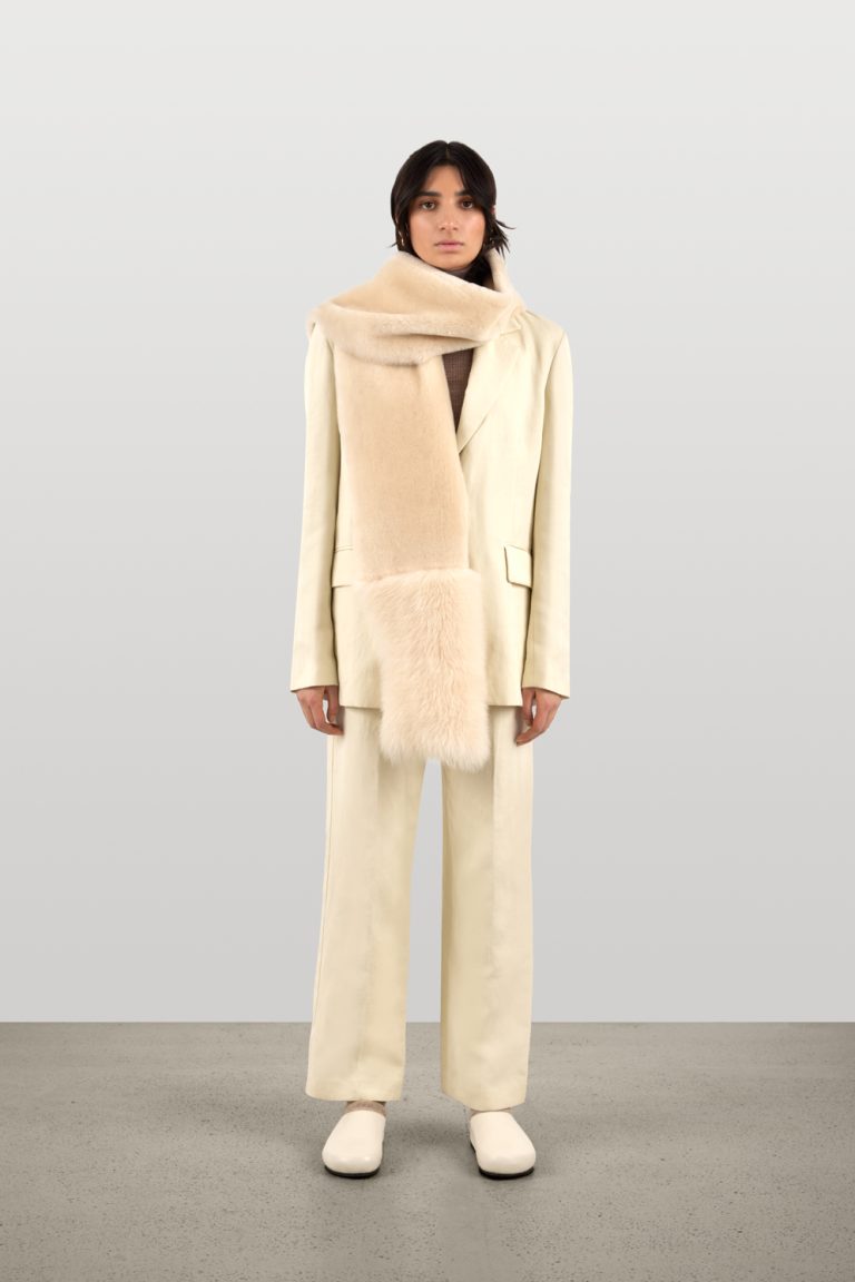 Cream Mixed Textured Shearling Scarf | Womens Luxury Shearling | Gushlow & Cole | model full length scarf over shoulder