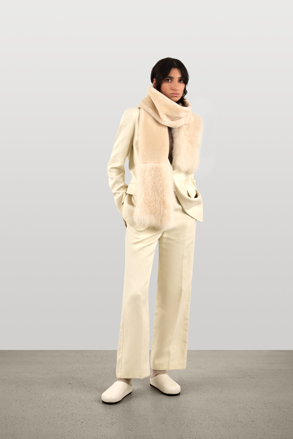 Stone White Mixed Textured Shearling Scarf | Womens Luxury Shearling | Gushlow & Cole | model full length scarf wrapped around neck