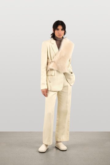 Cream Shearling Shawl Scarf with Leather Tie | Womens Luxury Shearling | Gushlow & Cole | model full length scarf sash across body