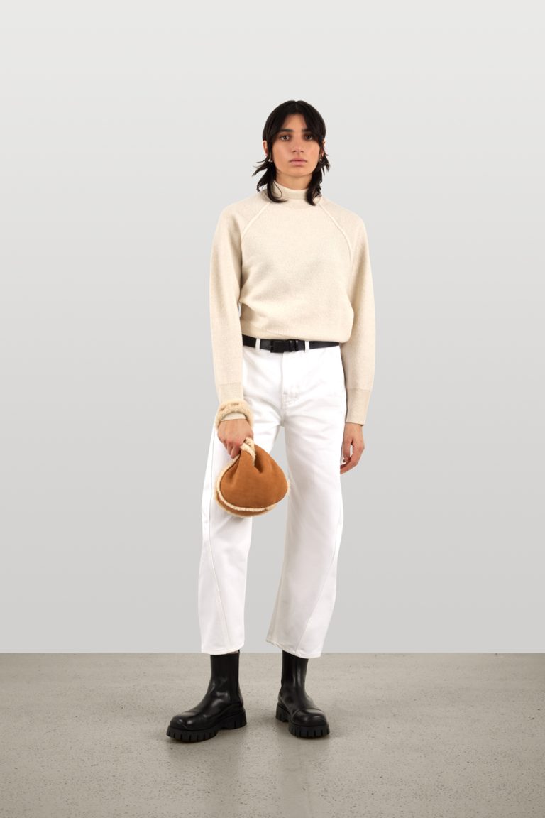 Tan & White Shearling Saddle Bag | Womens | Gushlow & Cole-model full length