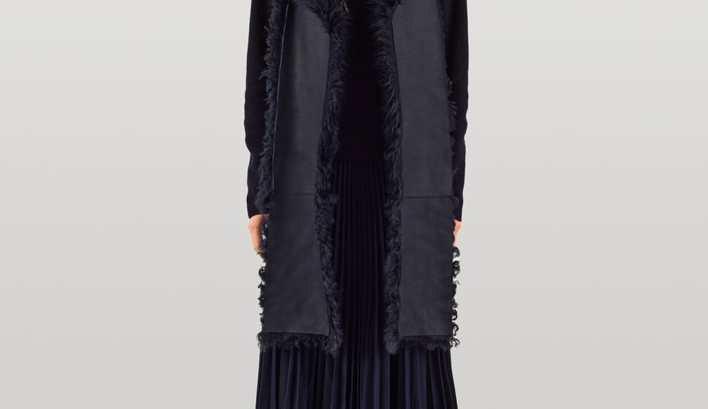 Navy Shearling Hooded Scarf | Women | Gushlow & Cole - model full length with hood up