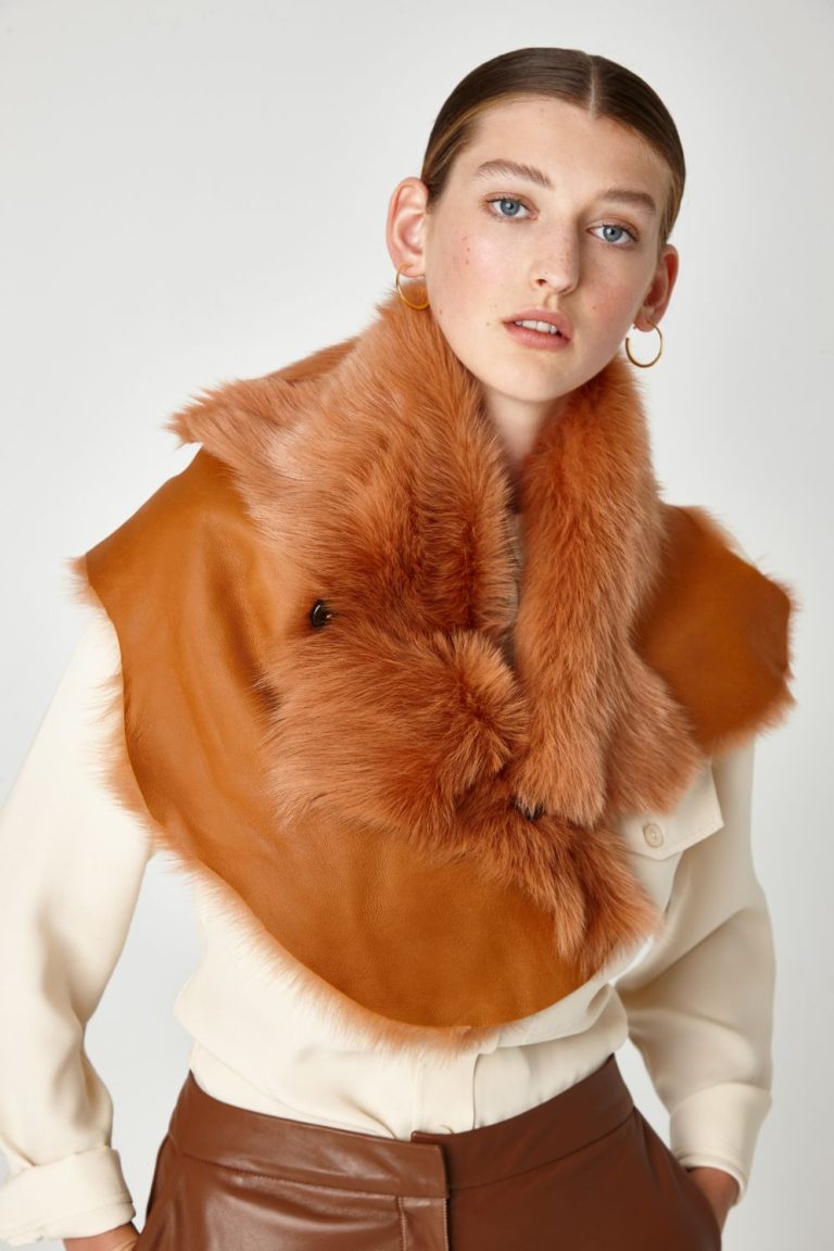 Orange Shearling Shrug Scarf | Women | Gushlow & Cole - model crop scarf reversed