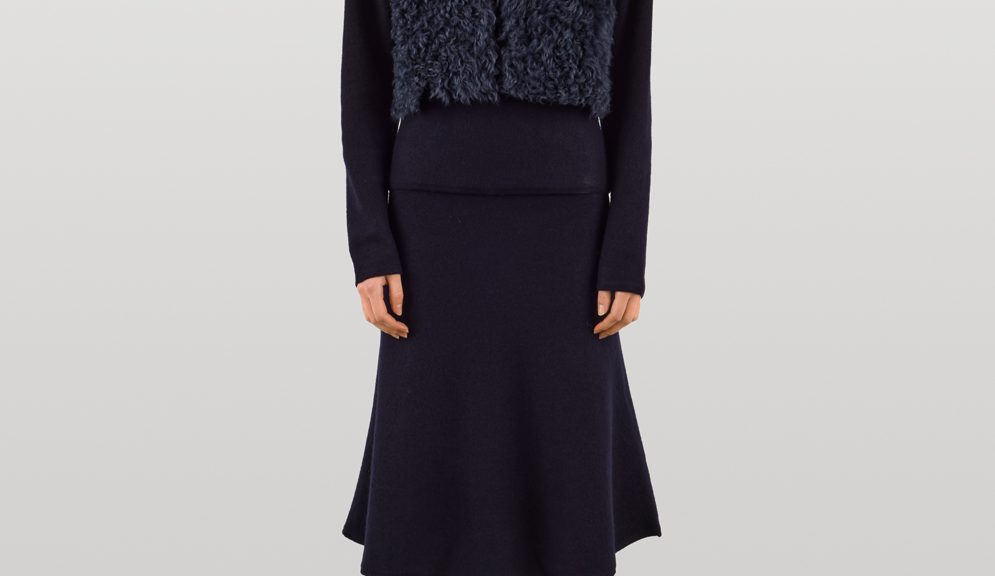 V Neck Navy Cropped Shearling Gilet | Womens | Gushlow & Cole - model full length