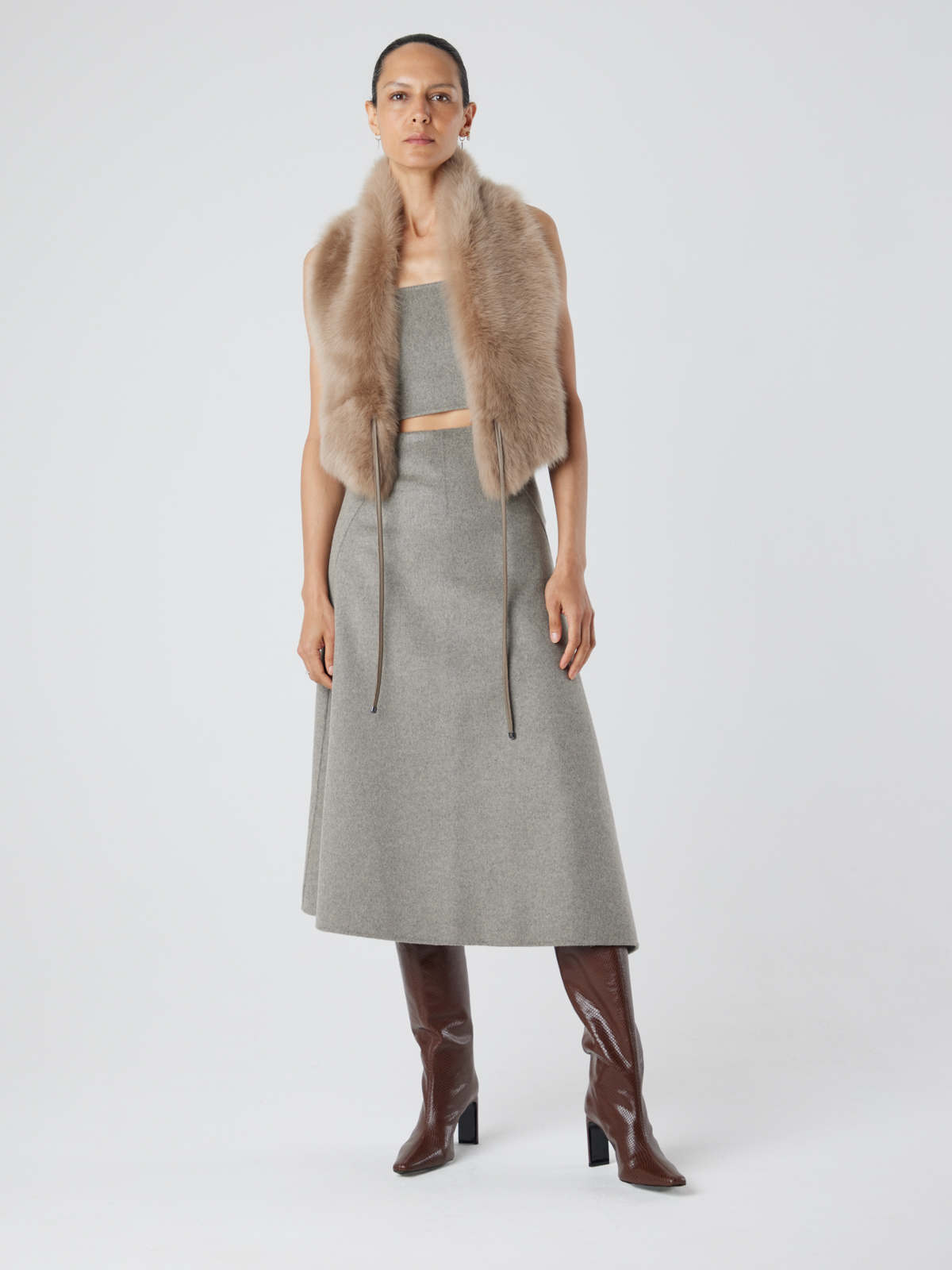 Camel Shearling Shawl Scarf | Womens | Gushlow & Cole - model full length scarf down